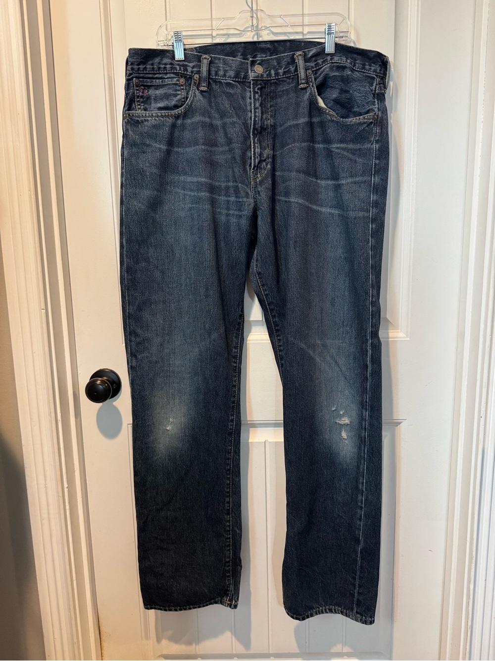 Polo Ralph Lauren Men's Dark Blue Denim Jeans with Brown Leather Patch 38/34